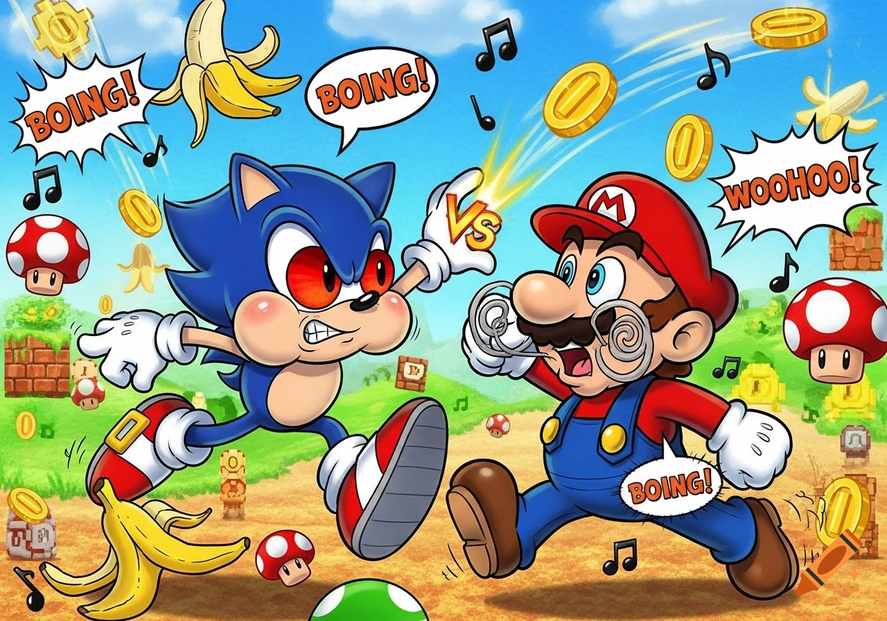 Cartoon Sonic and Mario battle each other, surrounded by bananas, coins, music notes, and mushrooms in a vibrant, colorful landscape.