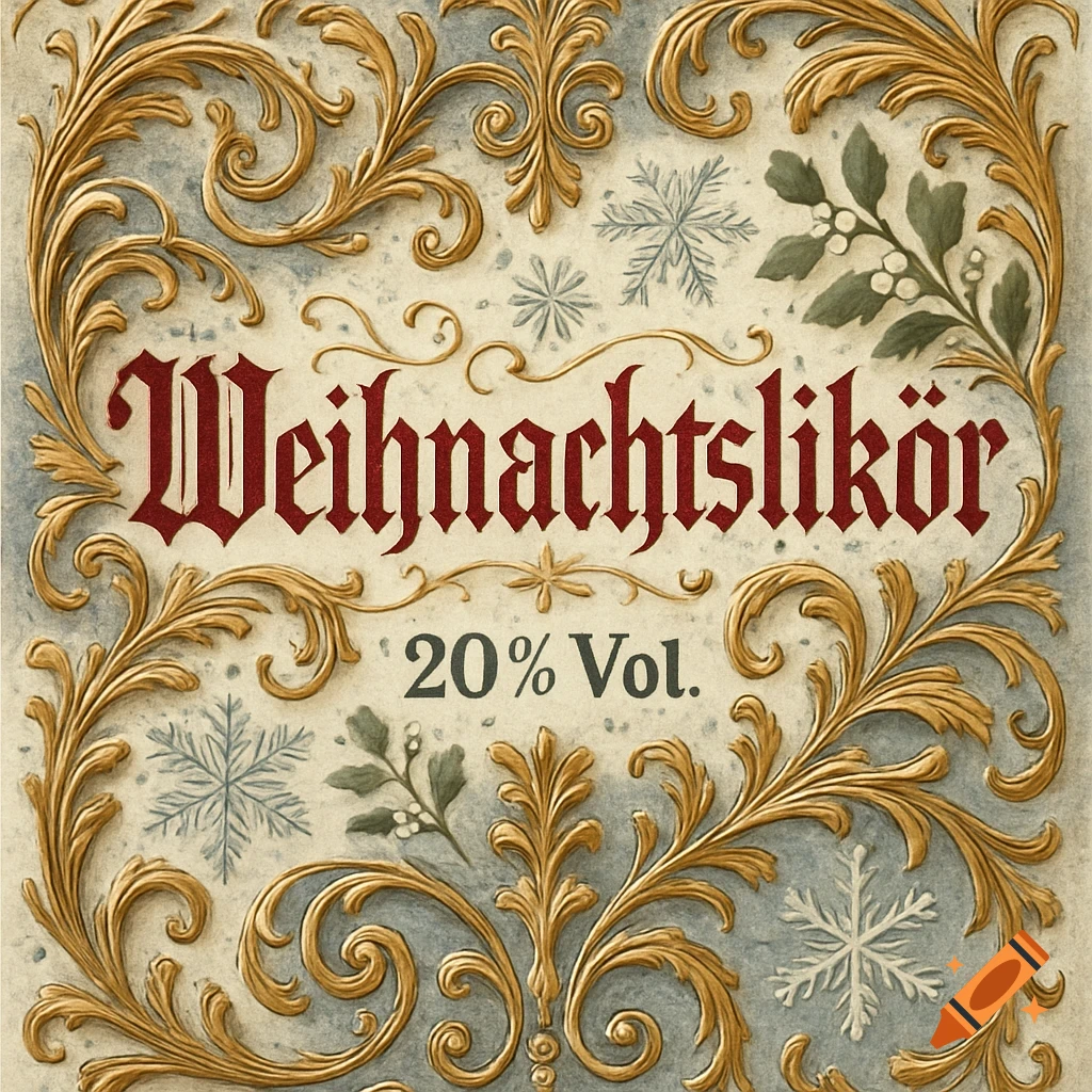 Vintage-style Christmas liqueur label with golden filigree, red text 'Weihnachtslikör 20% Vol.', snowflakes, and mistletoe.