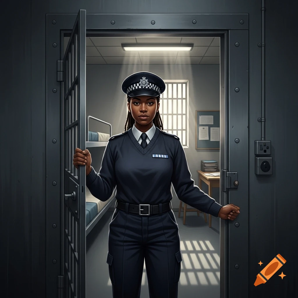 A young Black British female prison officer in uniform holds open a metal prison cell door, revealing a bunk bed and desk inside.