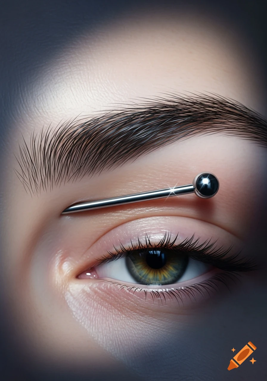 Photorealistic close-up of a human eye and eyebrow with a silver barbell piercing.