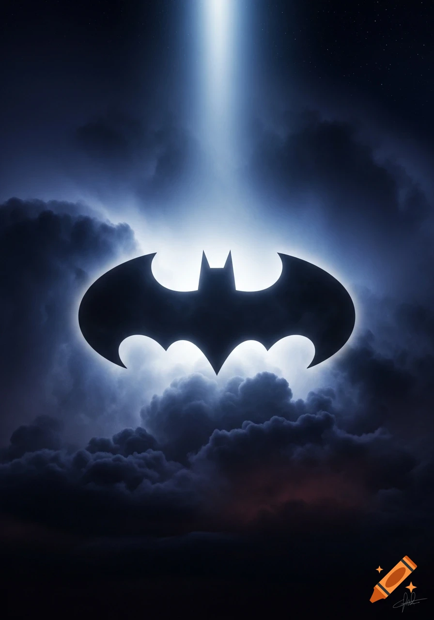 Batman symbol silhouetted against dark, stormy clouds, illuminated by a bright spotlight from above.