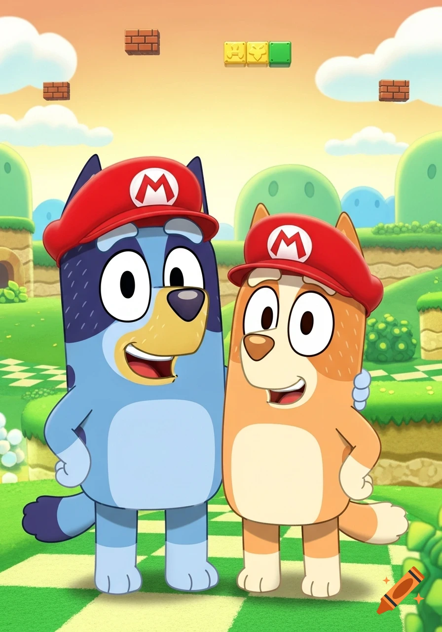 Bluey and Bingo characters wearing red Super Mario caps, standing in a cheerful Mario-themed landscape with brick blocks and question blocks.