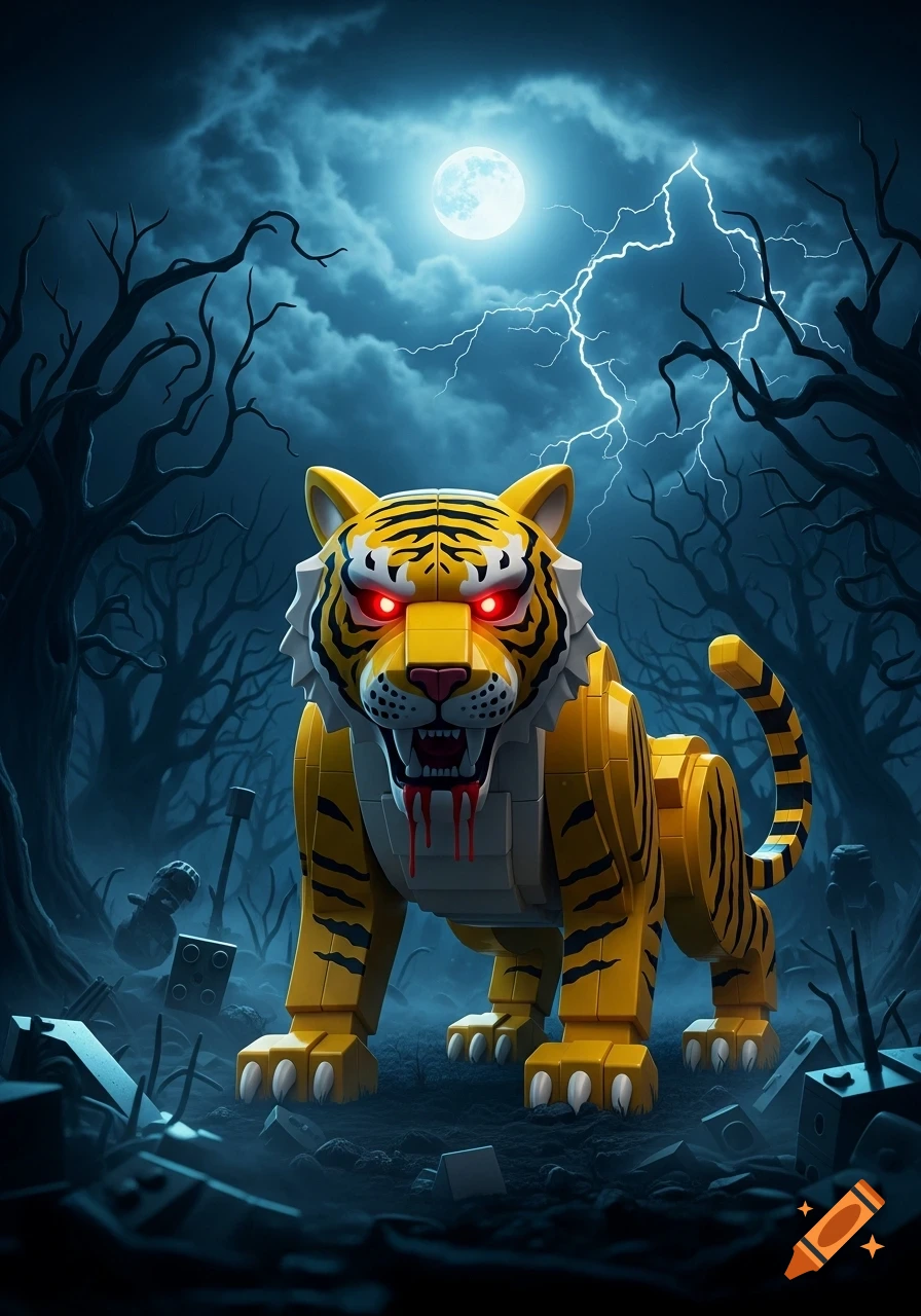 A scary Lego tiger with glowing red eyes and blood dripping from its mouth, standing in a dark, eerie forest under a full moon with lightning.