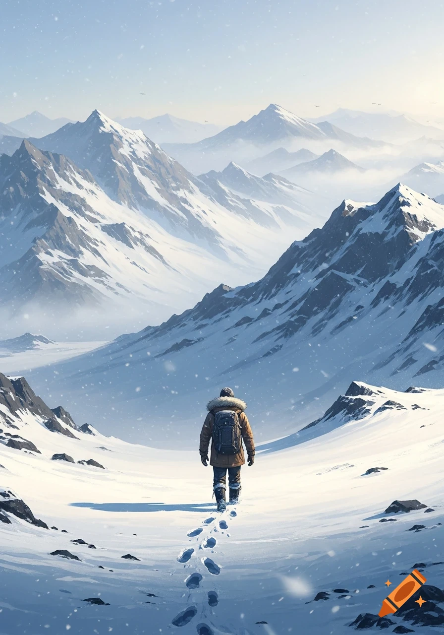 A lone person with a backpack walks through a vast snow-covered mountain valley, leaving footprints behind in the snow.