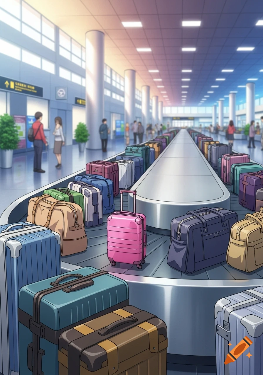 Anime-style image of colorful suitcases on an airport baggage claim with blurred people in the background.