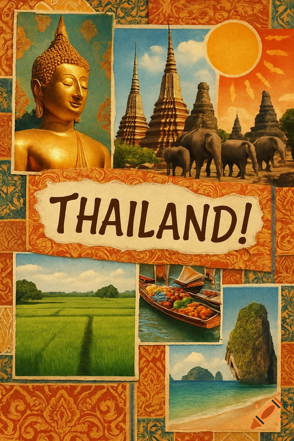 A vibrant travel collage with "THAILAND!" text, featuring a golden Buddha, temples, elephants, rice fields, a fruit boat, and a beach.