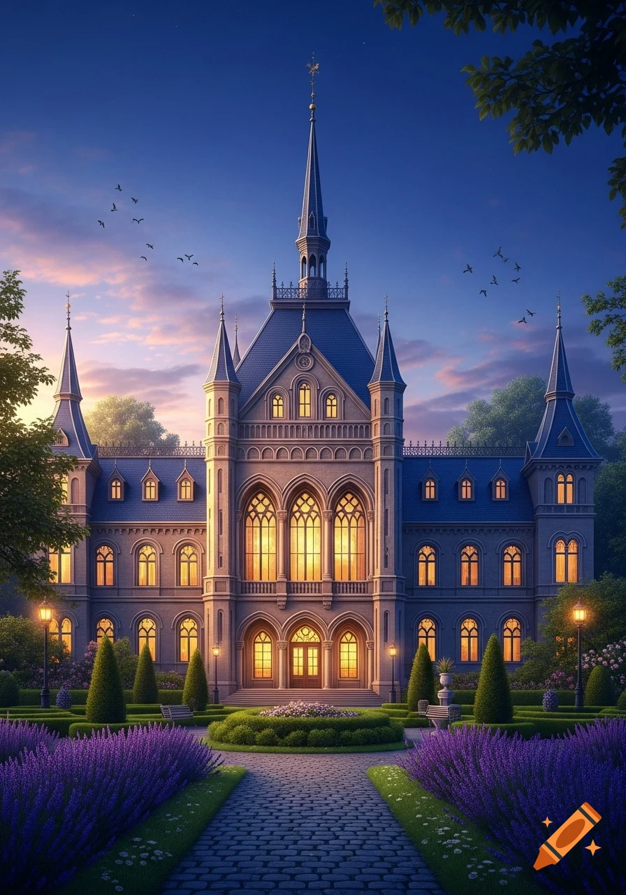 An ornate, fairytale-like castle with spires and glowing windows, surrounded by a lush garden with purple lavender and a stone path at dusk.