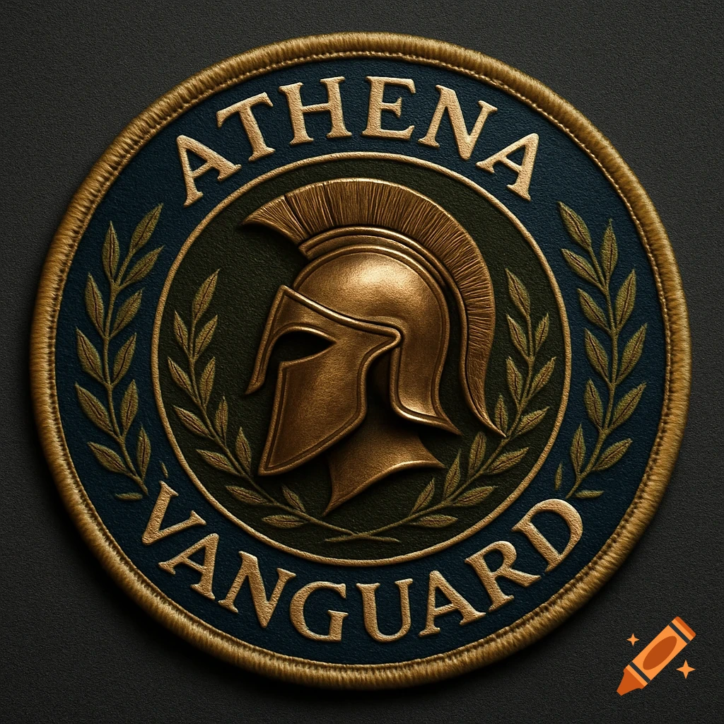A circular embroidered patch featuring a golden Spartan helmet, laurel leaves, and the words 'Athena Vanguard' on a dark blue background.