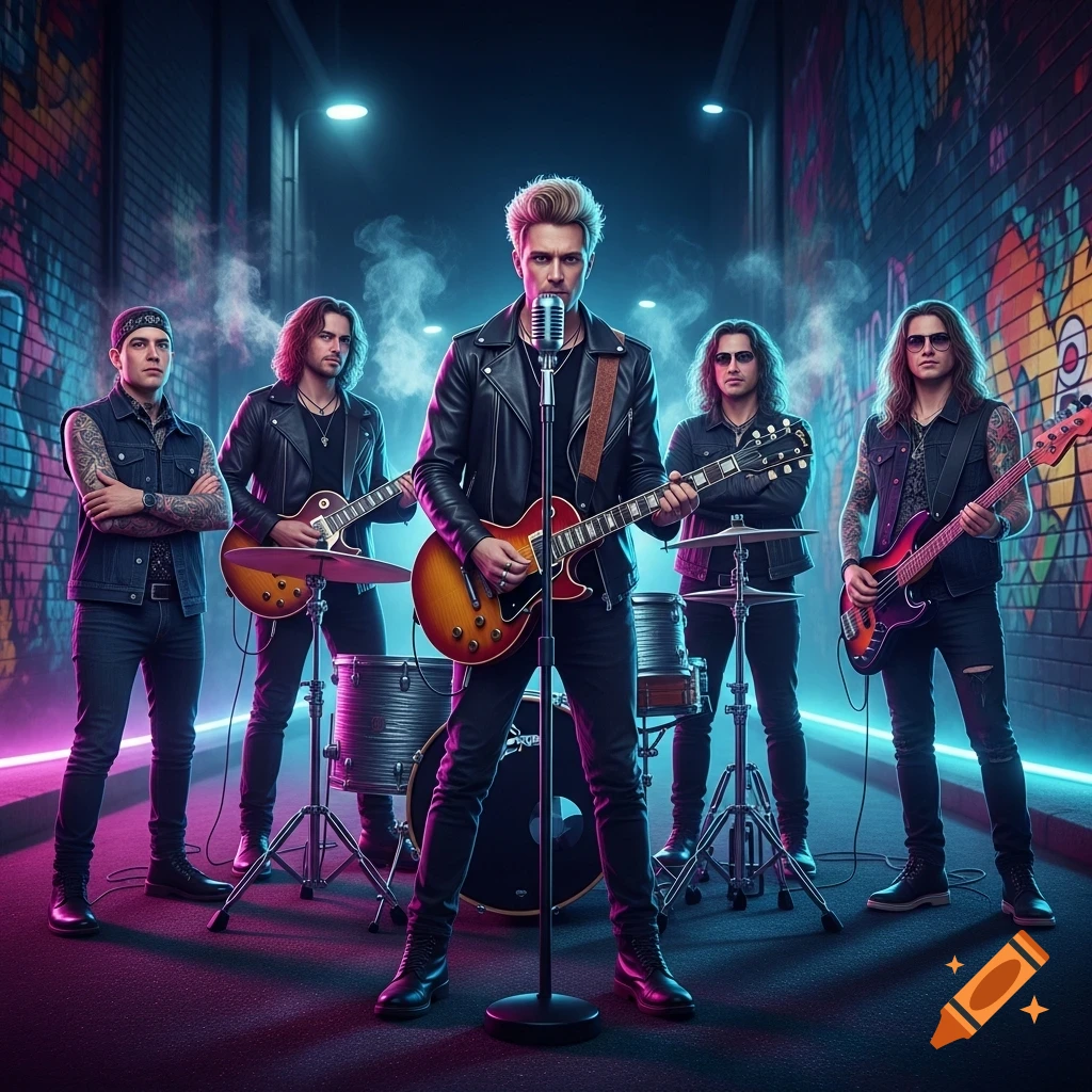 A rock band of five men performing in a neon-lit urban alley with graffiti walls.