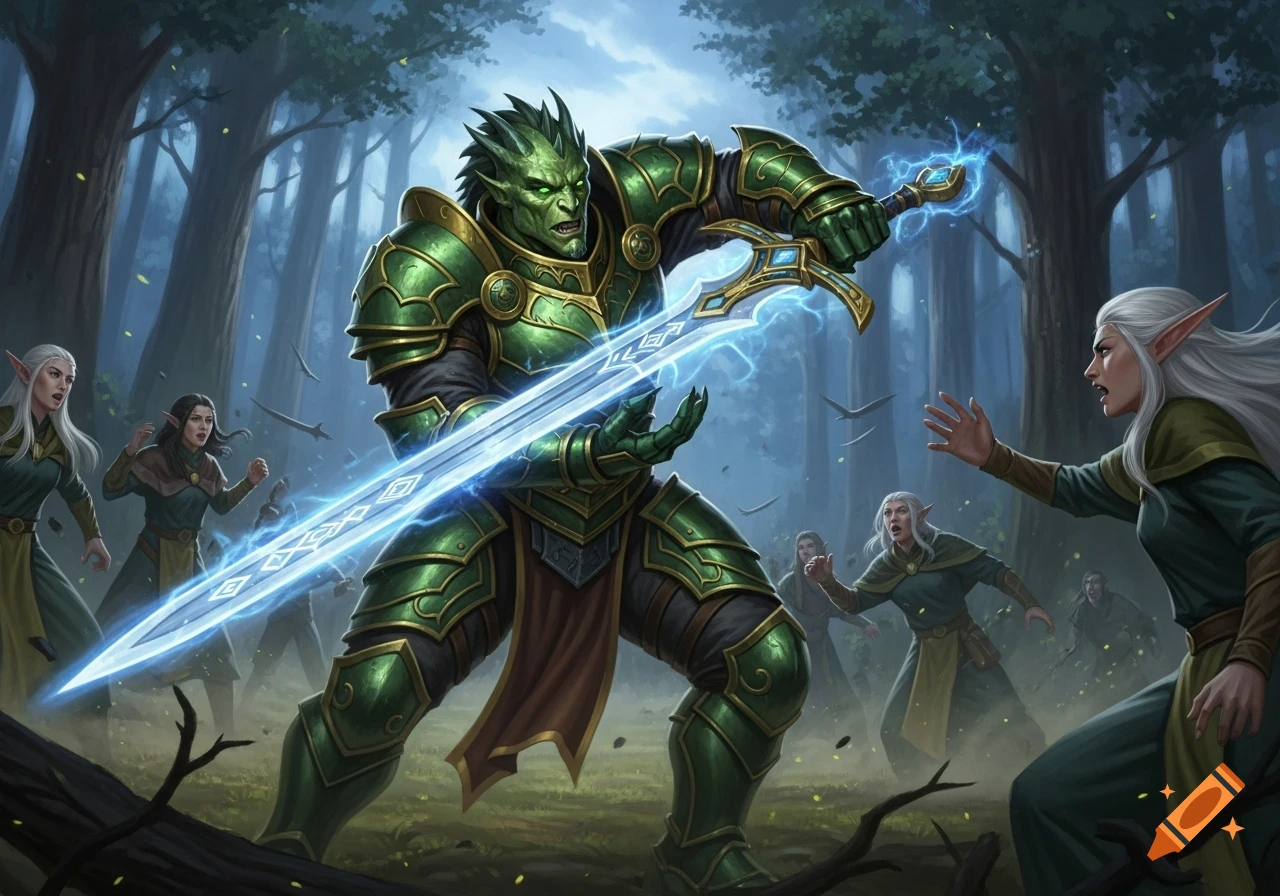 A green dragonborn warrior in ornate green armor swings a glowing runesword at a group of terrified elves in a dark fantasy forest.