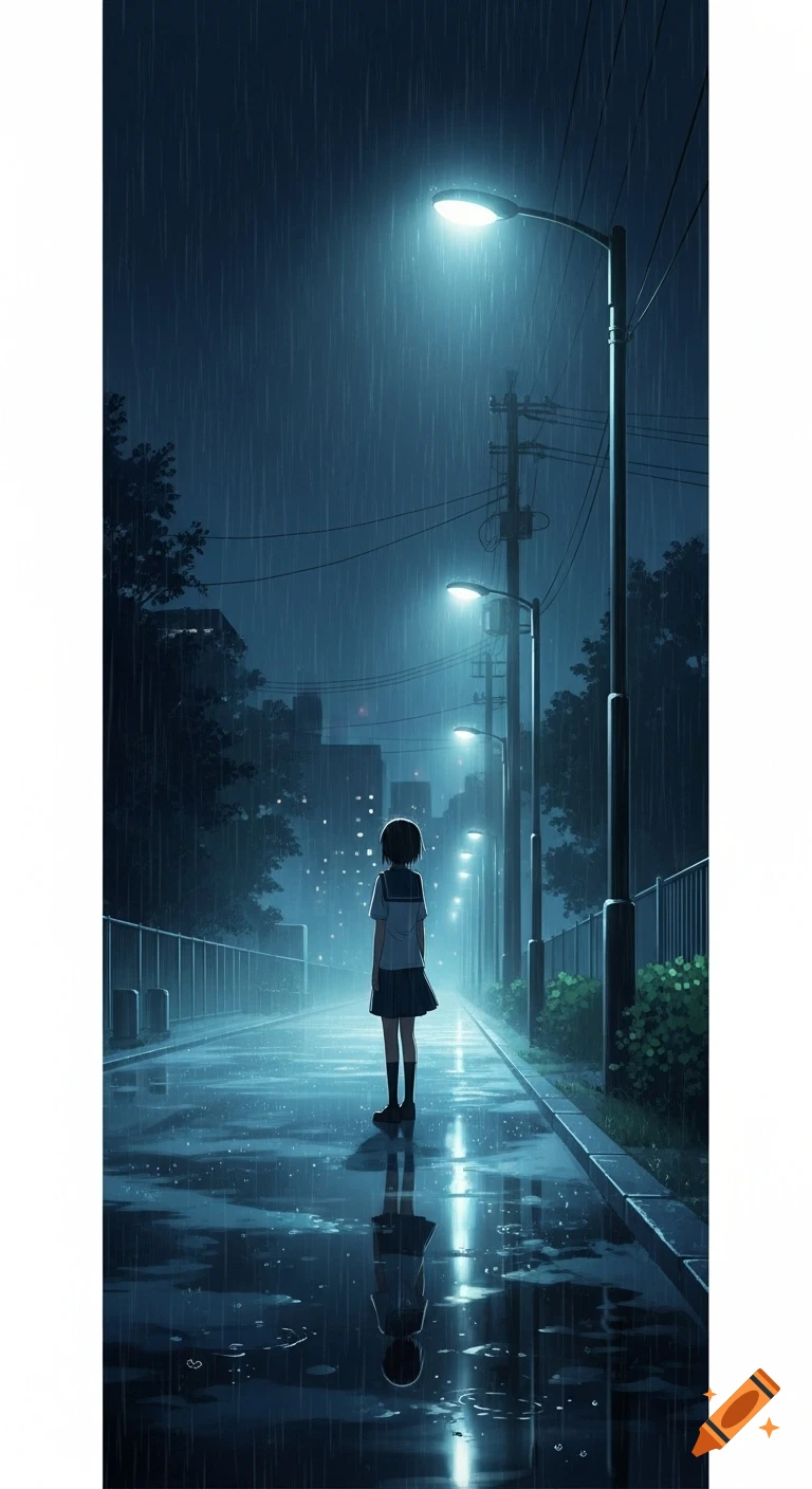 Lonely anime character in a school uniform stands on a wet street at night under streetlights, reflecting in puddles in the rain.