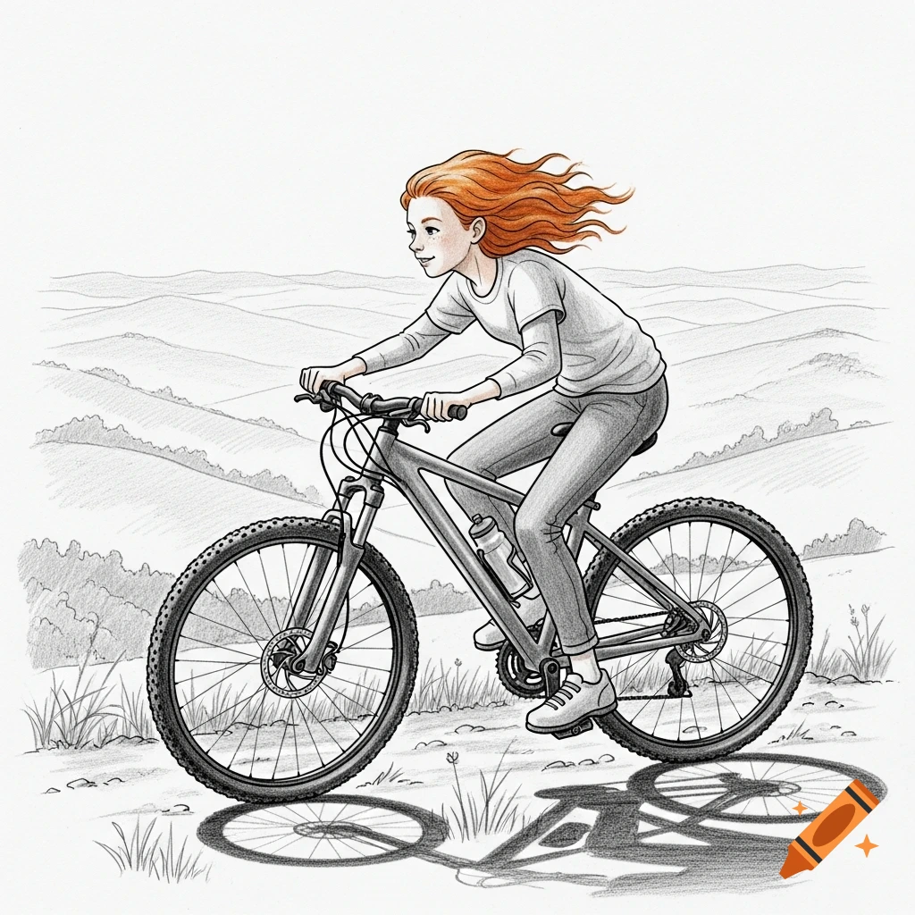 Pencil drawing of a redheaded girl riding a mountain bike on a dirt path with hills in the background.