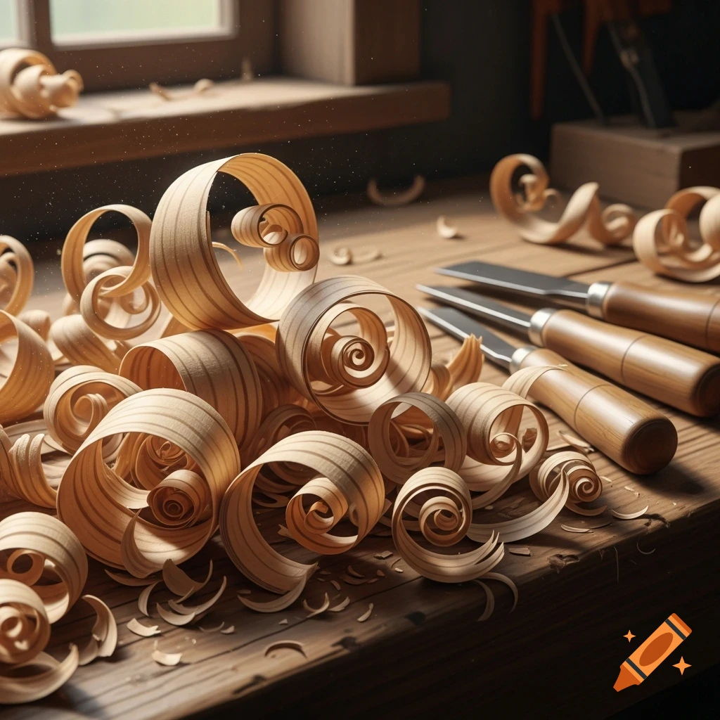 Close-up of a pile of curled wooden shavings and chisels on a sunlit workbench.