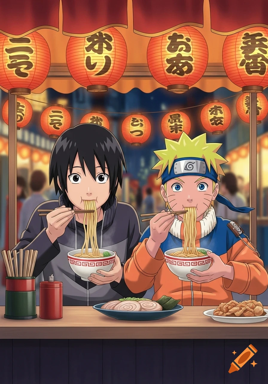 Naruto and a black-haired character in anime style eating ramen with chopsticks at a street stall, surrounded by glowing lanterns.