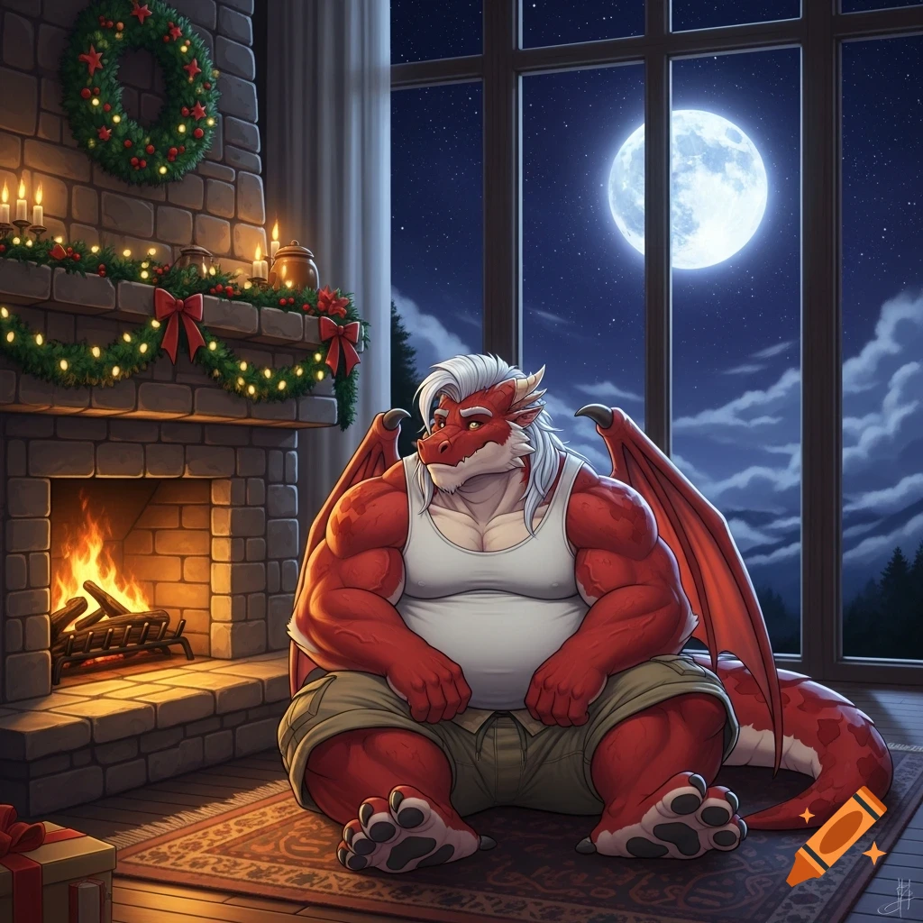 A large, red, anthropomorphic dragon with white hair sits on a rug in front of a Christmas-decorated fireplace, with a full moon visible outside a large window.