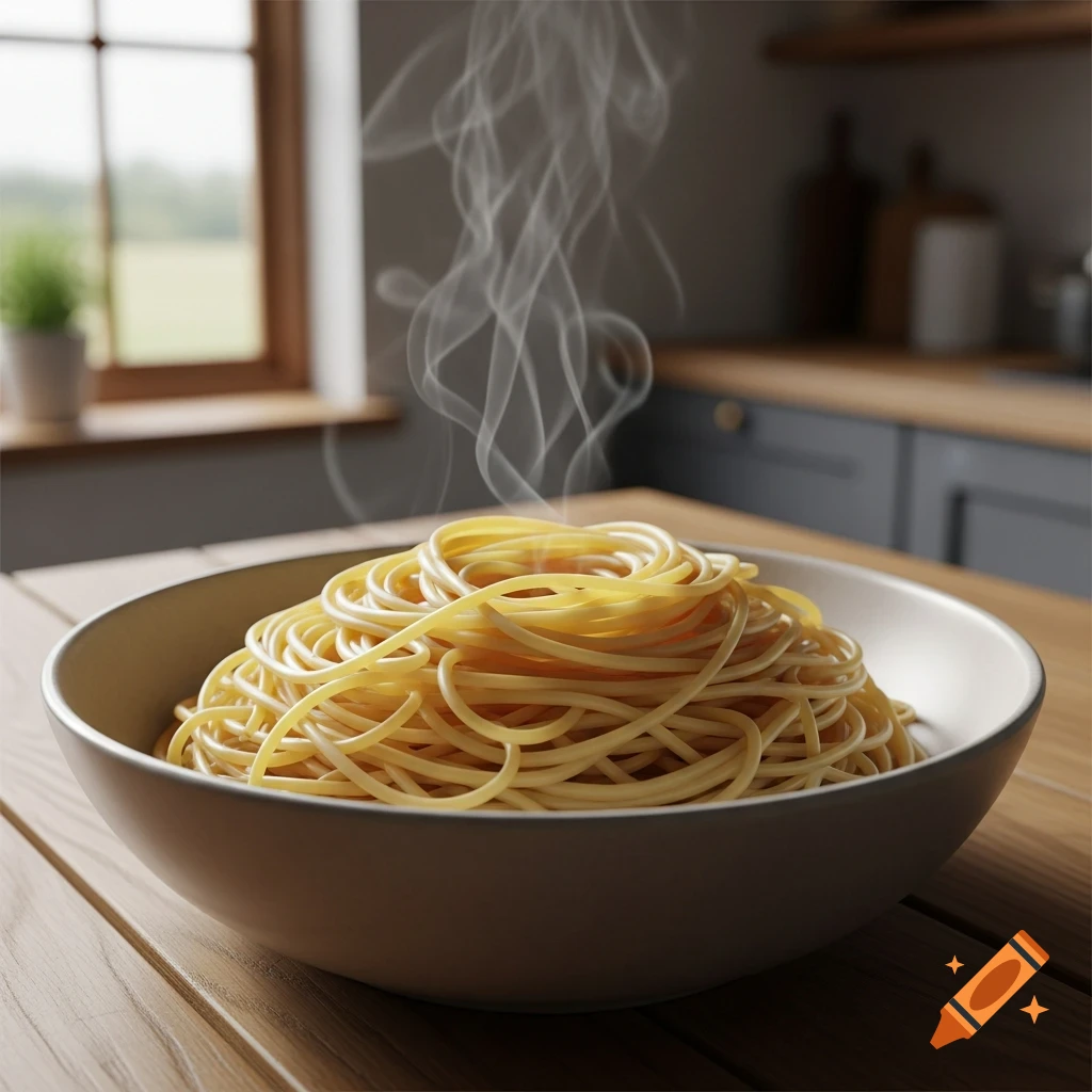 A steaming bowl of plain spaghetti sits on a wooden table in a kitchen with a window in the background, photorealistic.