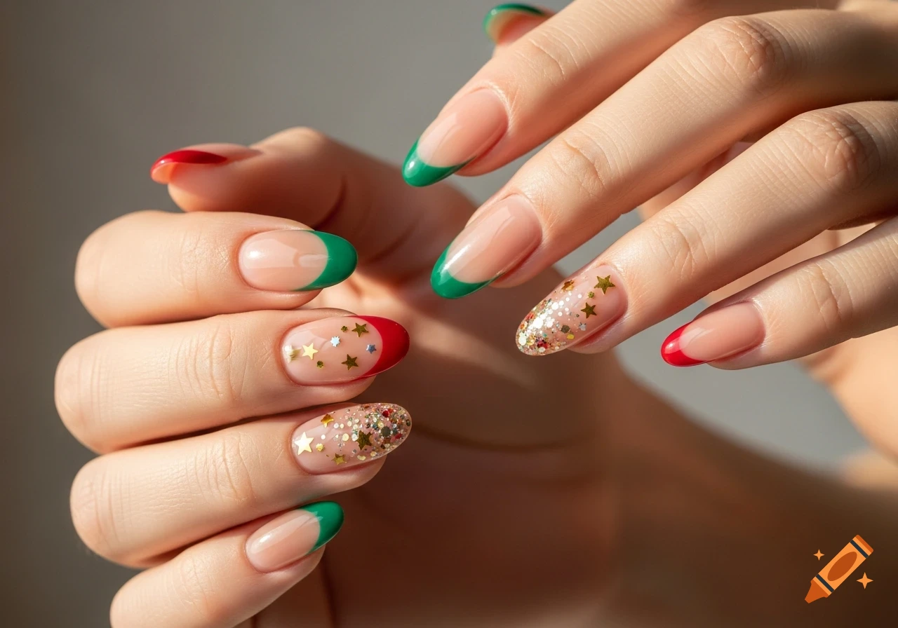 Close-up of hands with festive Christmas-themed acrylic nails, featuring red and green French tips, gold stars, and glitter.