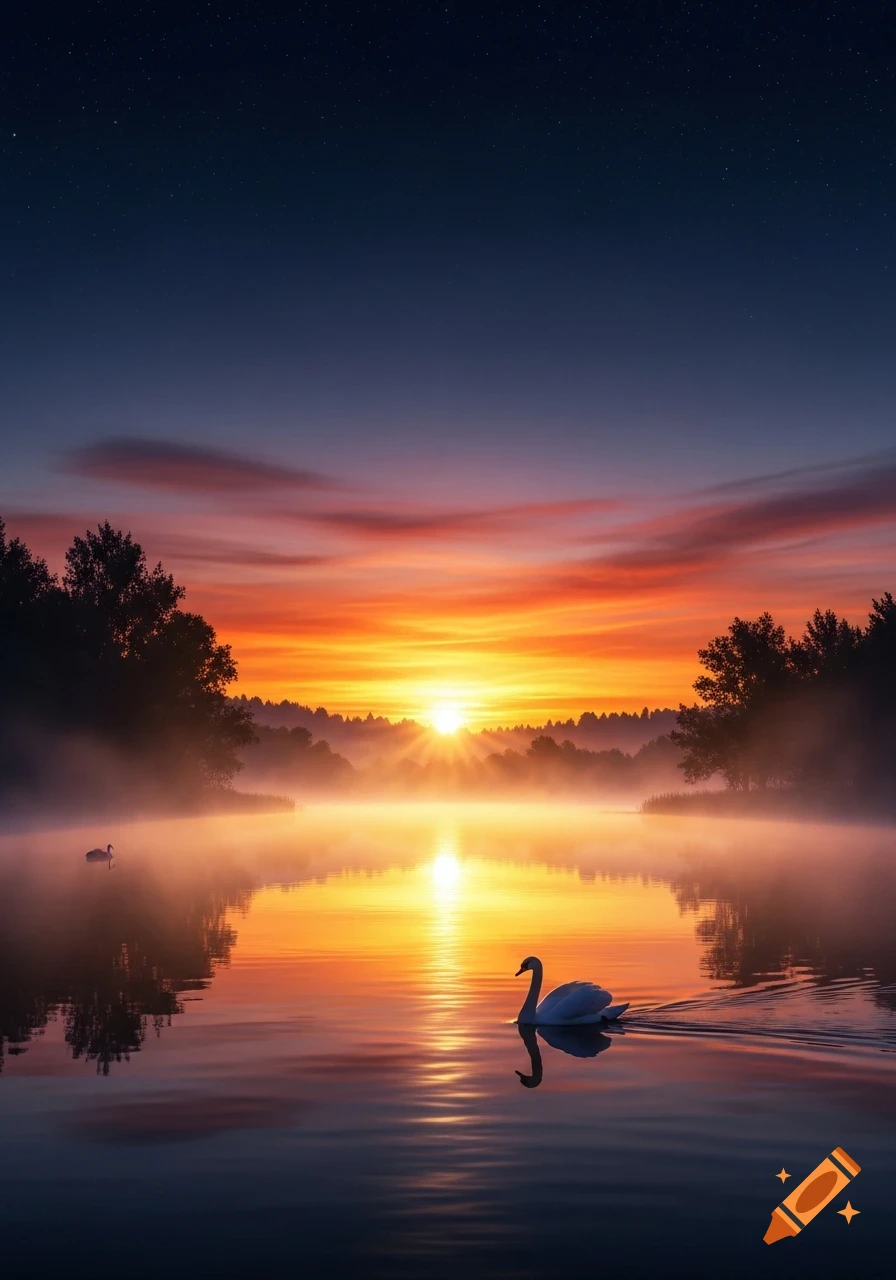 Two swans on a misty lake at a vibrant sunrise, with orange and red skies reflected on the water.