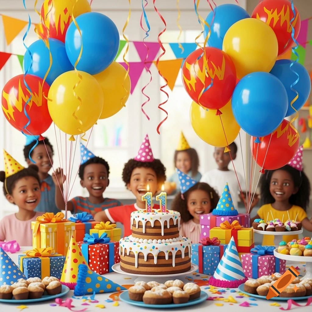 Children celebrating a birthday party with colorful balloons, gifts, and a two-tier cake with '11' candles.