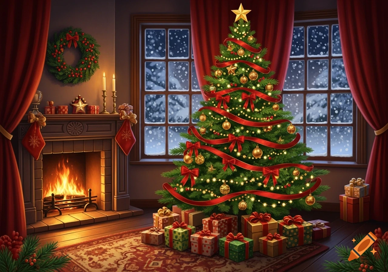 A cozy Christmas scene with a decorated tree, glowing fireplace, gifts, and a snowy window view at night.
