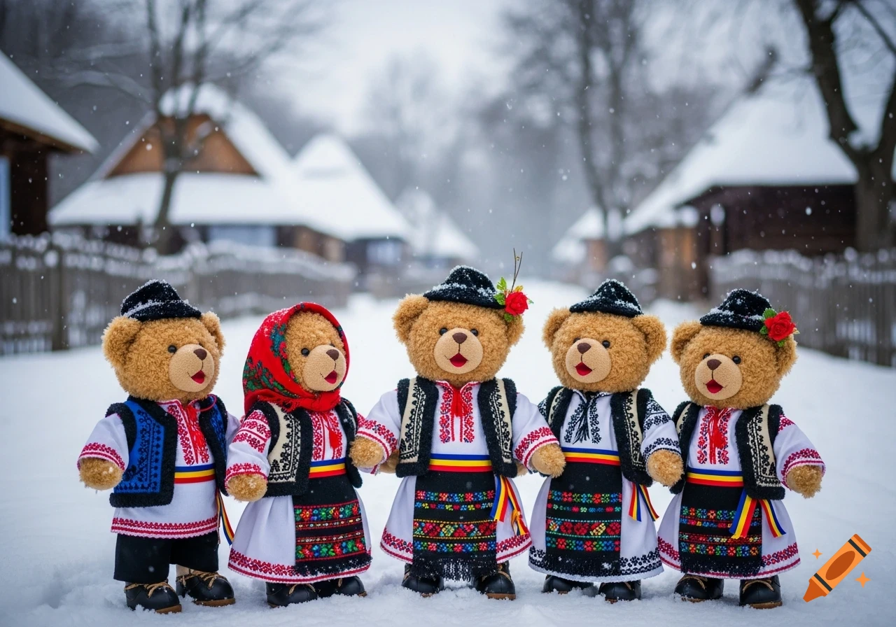Five photorealistic teddy bears dressed in colorful traditional Romanian folk costumes stand in a snowy village with wooden houses.
