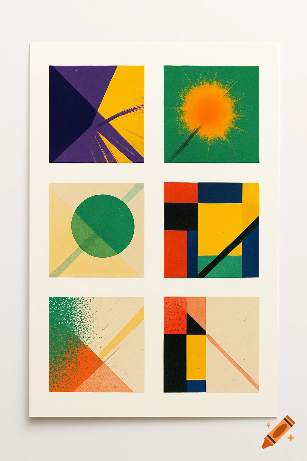 A grid of six abstract art squares on a white background, each with different geometric shapes, color contrasts, and textures.