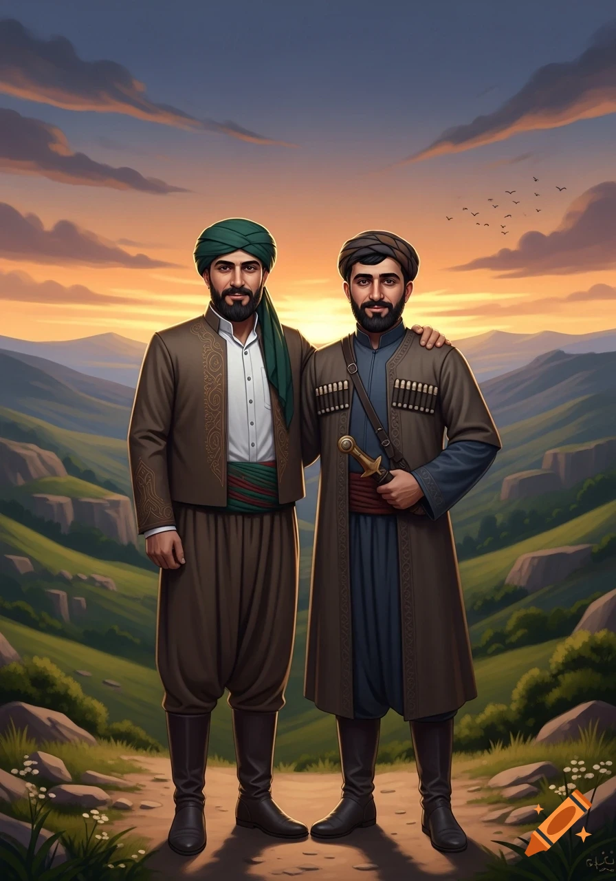 Two men in traditional Middle Eastern attire stand arm-in-arm on a path, overlooking a vibrant sunset over green hills and mountains.
