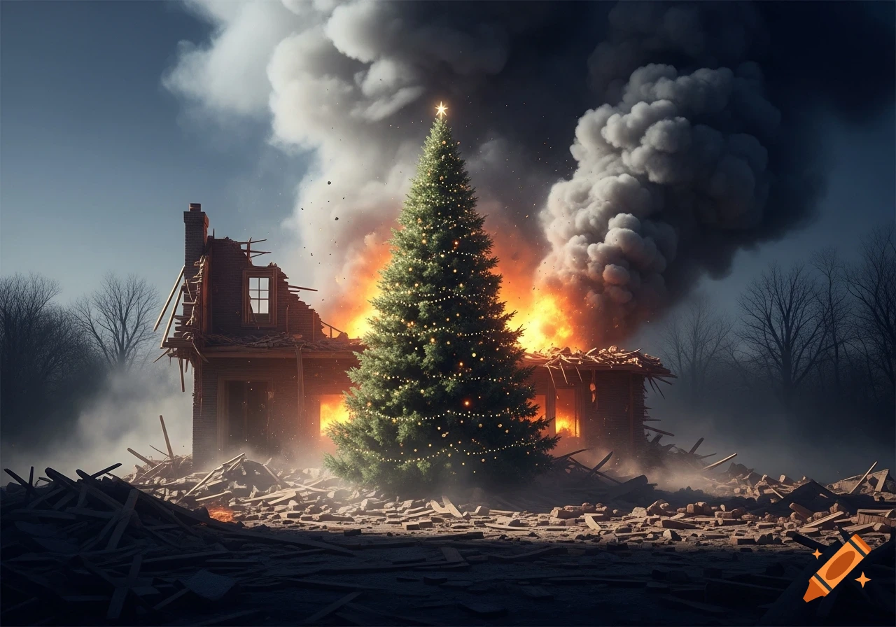 A decorated Christmas tree stands undamaged amidst the burning, destroyed remnants of a house with thick smoke filling the dramatic, hazy sky.