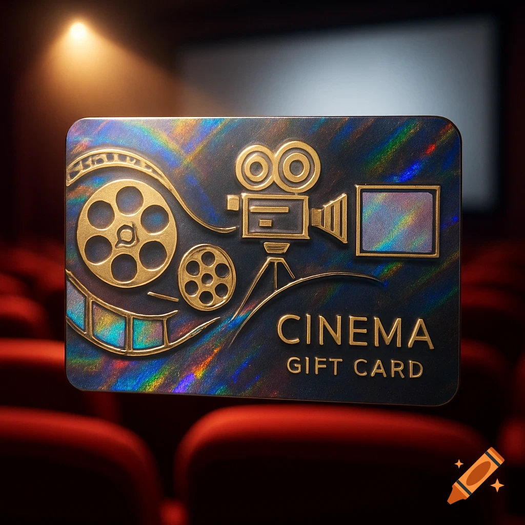 Holographic cinema gift card with gold film reel and camera design, placed in a dark cinema with red seats.