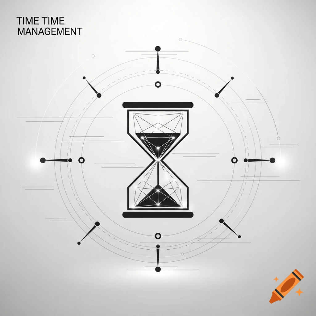 Stylized black and white pictogram of an hourglass surrounded by abstract circular lines and points, with the text 'TIME TIME MANAGEMENT' in the top left.