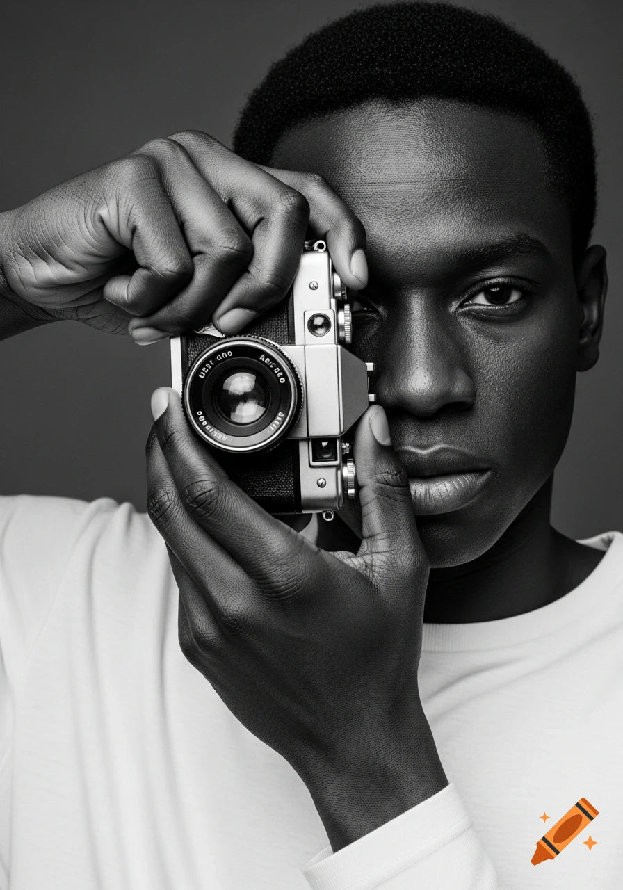 Black and white close-up portrait of a dark-skinned man holding an analog camera, looking directly at the viewer.