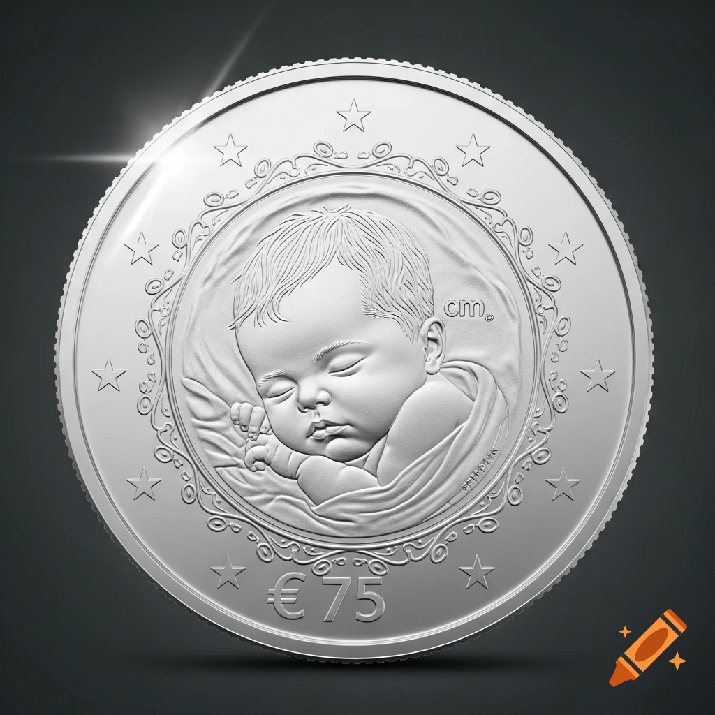 A silver commemorative coin featuring a sleeping baby in a relief, with "€75" and "cm." inscribed on it, against a dark background.