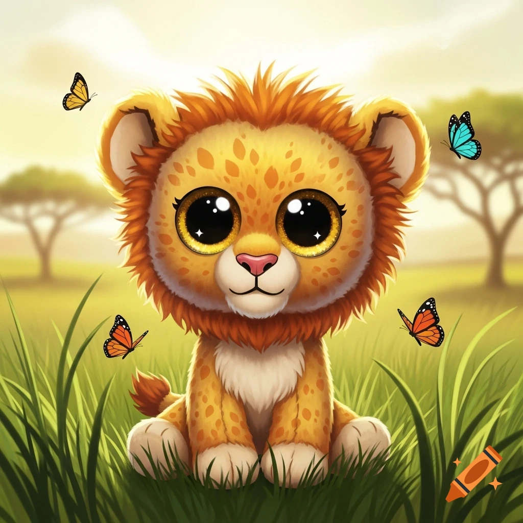 A cute cartoon lion cub with large, sparkling eyes sits in green grass with butterflies in a savanna at sunset.
