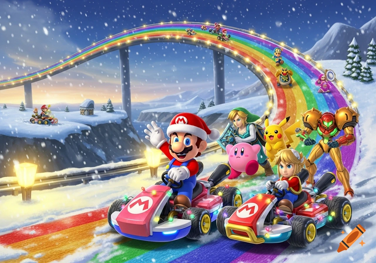 Mario in a Santa hat drives a kart with Link on a snowy Rainbow Road, surrounded by other Nintendo characters like Pikachu, Kirby, and Samus.