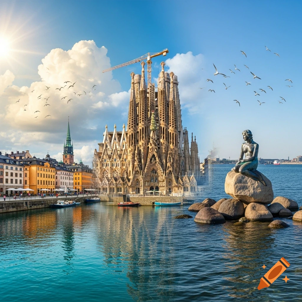 A surreal photorealistic landscape combining the Sagrada Familia, the Little Mermaid statue on rocks in the sea, and a Stockholm-like canal with colorful buildings, under a sunny sky with birds.