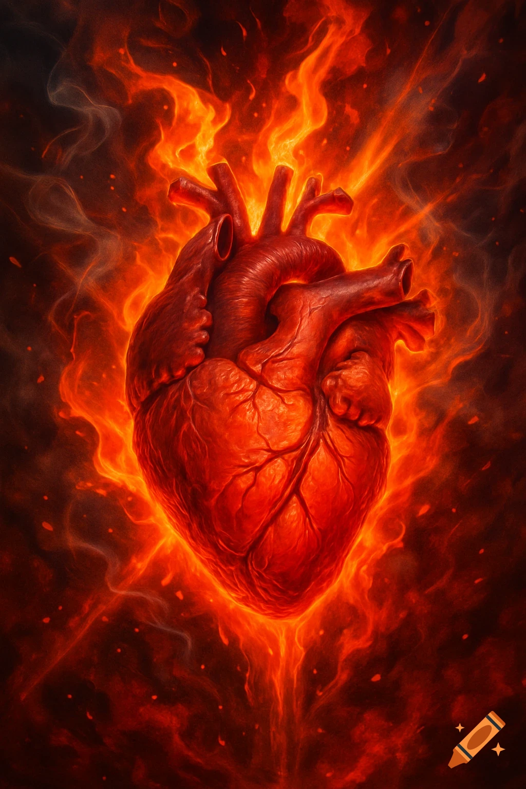 A detailed, realistic human heart glowing intensely, surrounded by vibrant orange and red flames against a dark, smoky background in a dramatic art style.