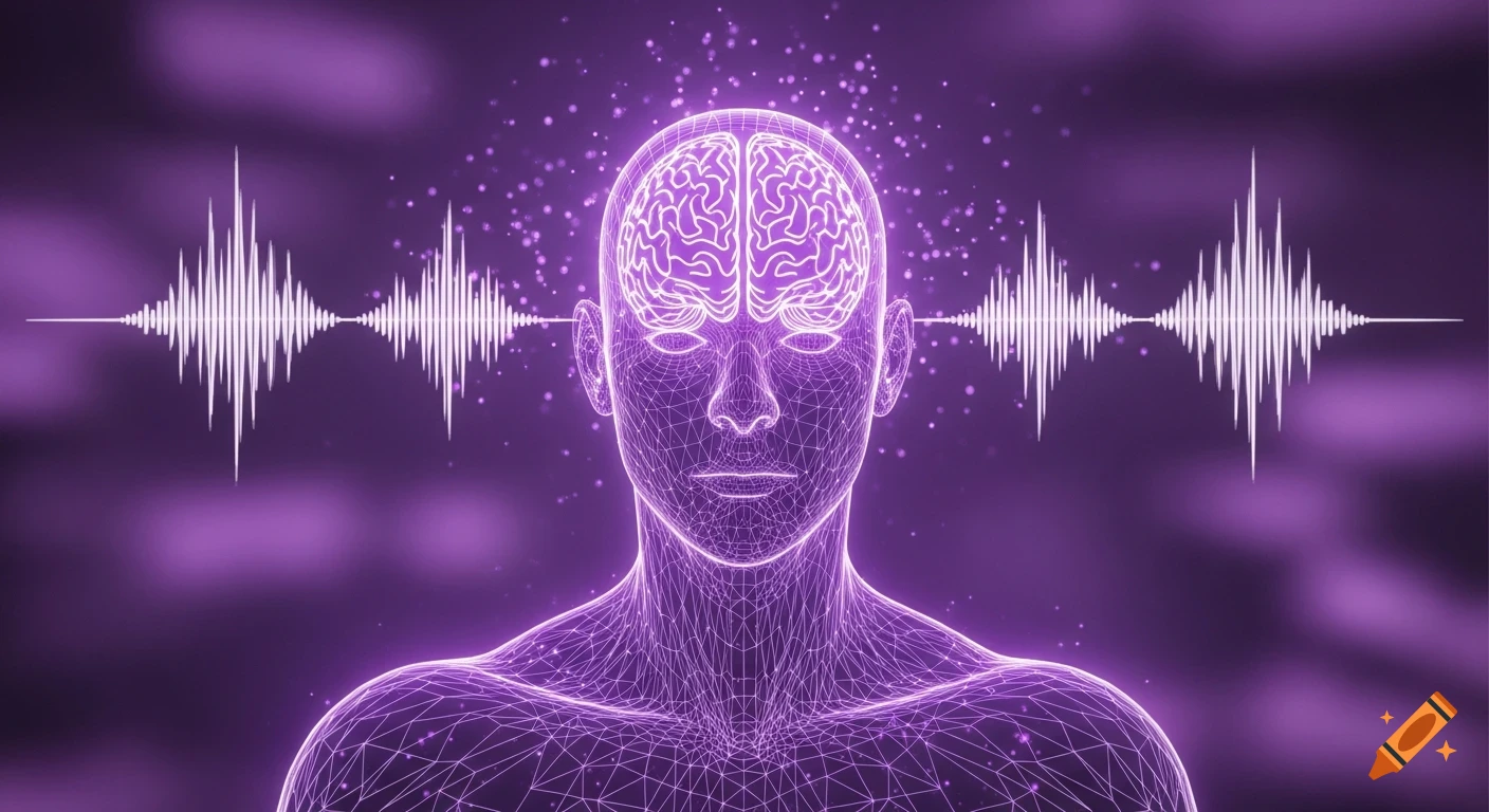 A glowing purple wireframe human head with a visible brain, flanked by white sound waves against a purple background.