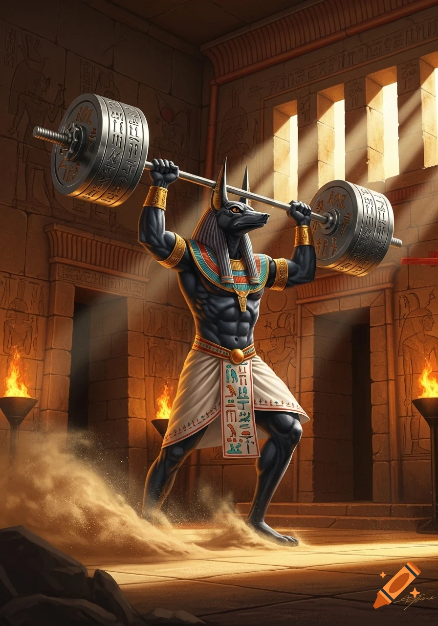 Muscular, jackal-headed Anubis, an ancient Egyptian god, lifts a heavy barbell overhead in a stone temple.