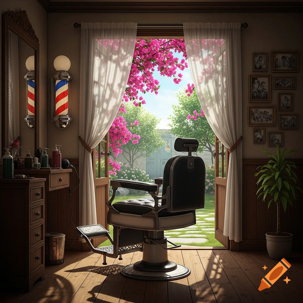 A photorealistic barber shop interior featuring a vintage chair, barber pole, and an open door looking out onto a vibrant garden.