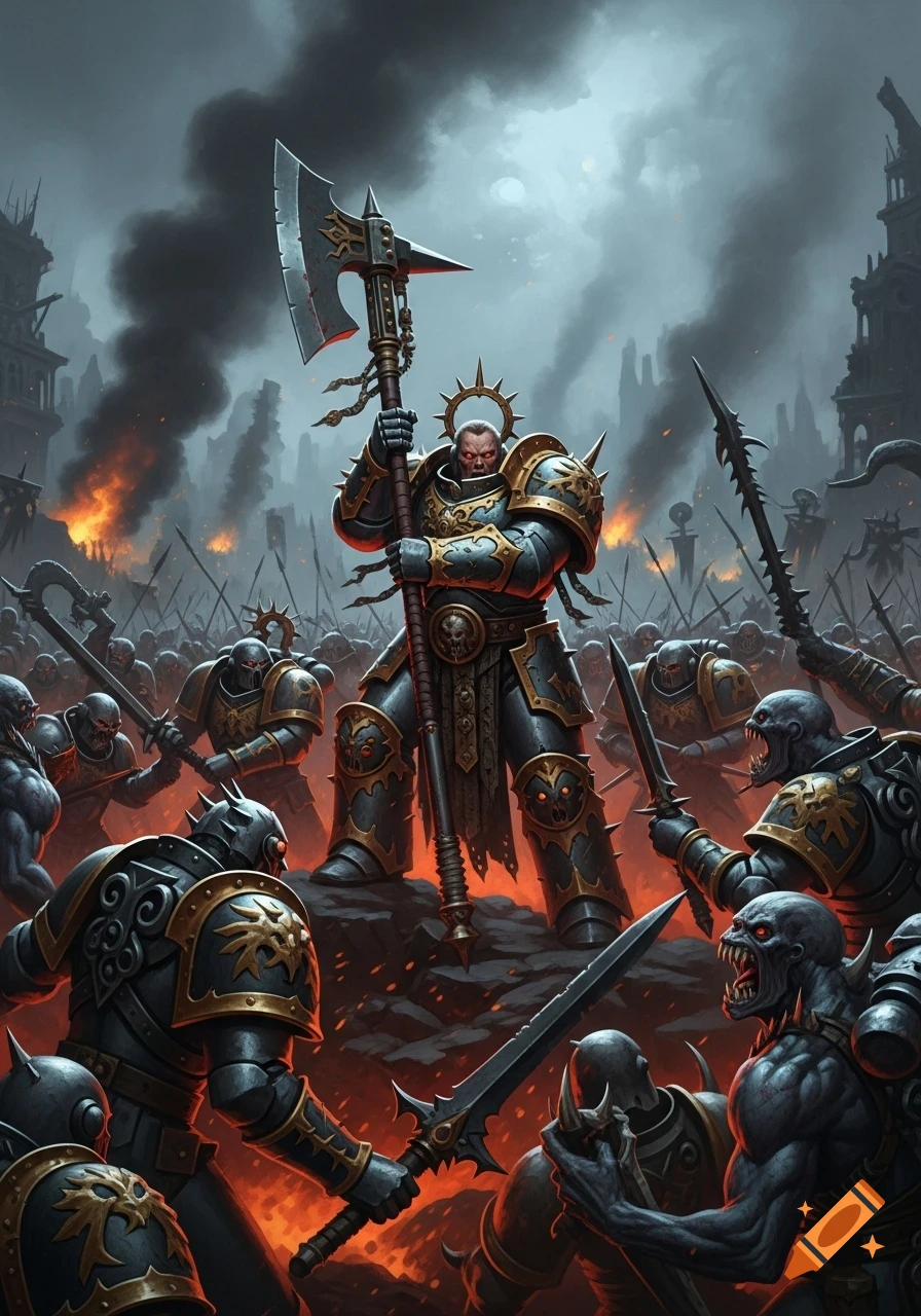 A heavily armored warrior with a large axe leads a dark fantasy battle in a burning, war-torn city, surrounded by monstrous creatures.