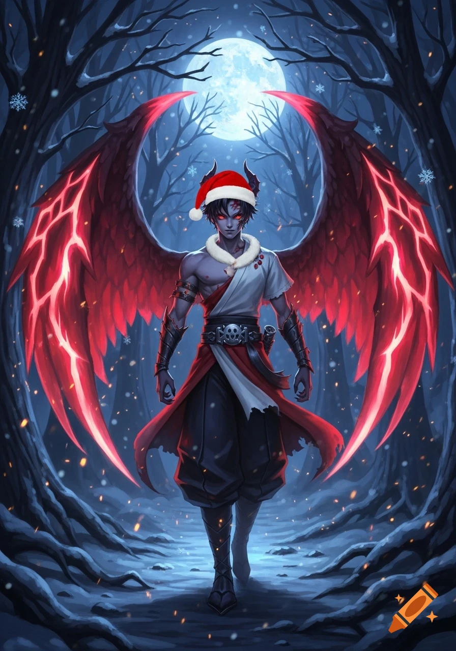 Anime-style demon character with red glowing wings and a Santa hat ...