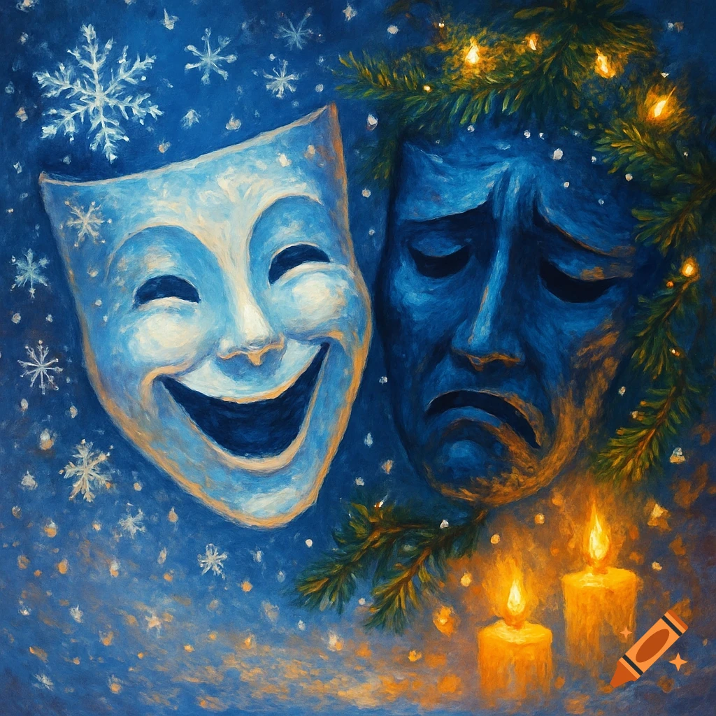 A painterly image of a happy white comedy mask and a sad blue tragedy mask, surrounded by snowflakes, pine, lights, and candles.
