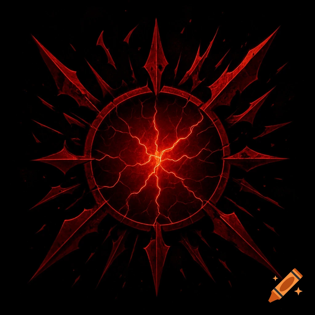 Dark circular fantasy emblem with glowing red energy bursting from the center, surrounded by sharp, shattered crimson geometric patterns on a black background.