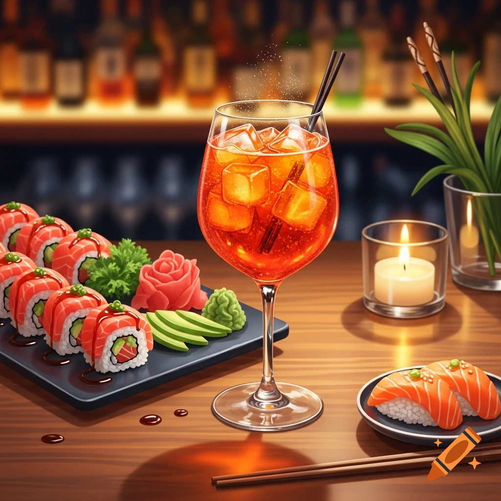 A vibrant Aperol spritz cocktail with sushi rolls and salmon nigiri on a wooden table in a bar setting, with a lit candle.
