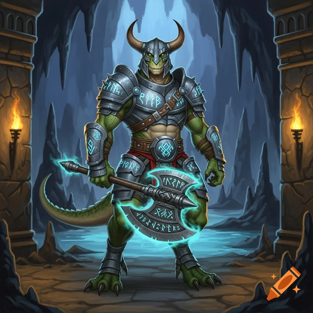 A green-skinned saurian warrior in horned armor adorned with glowing runes, holding a large glowing battle-axe in a dark cave.
