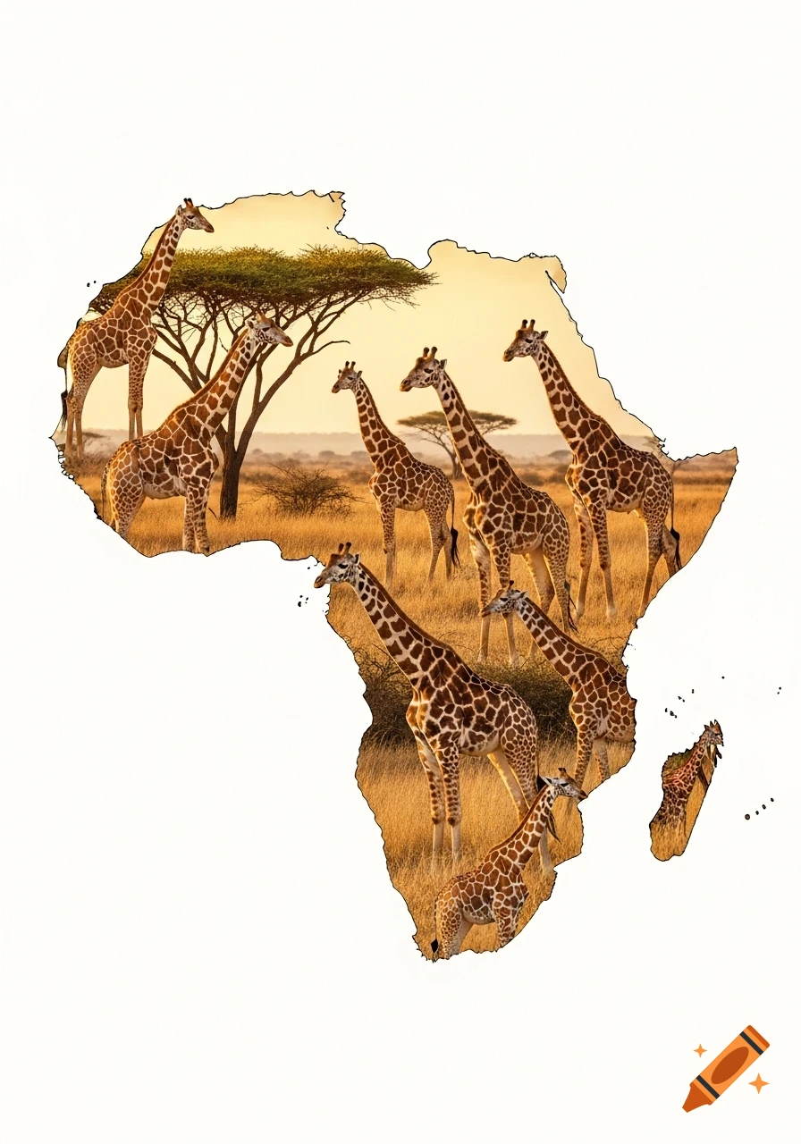 A collage of multiple giraffes and a savanna landscape forming the outline of the African continent and Madagascar.