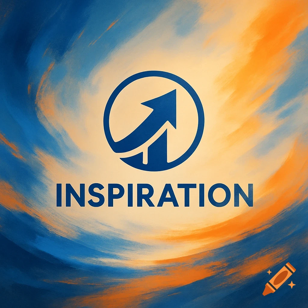 A blue logo with an upward-pointing arrow inside a circle, above the word 'INSPIRATION', set against a swirling blue and orange background.