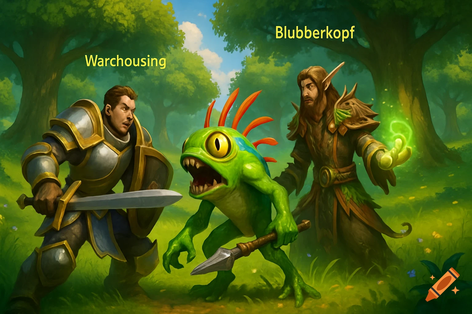 A human warrior named Warhousing and an elf druid named Blubberkopf confront a green Murloc in a vibrant World of Warcraft-style fantasy forest.