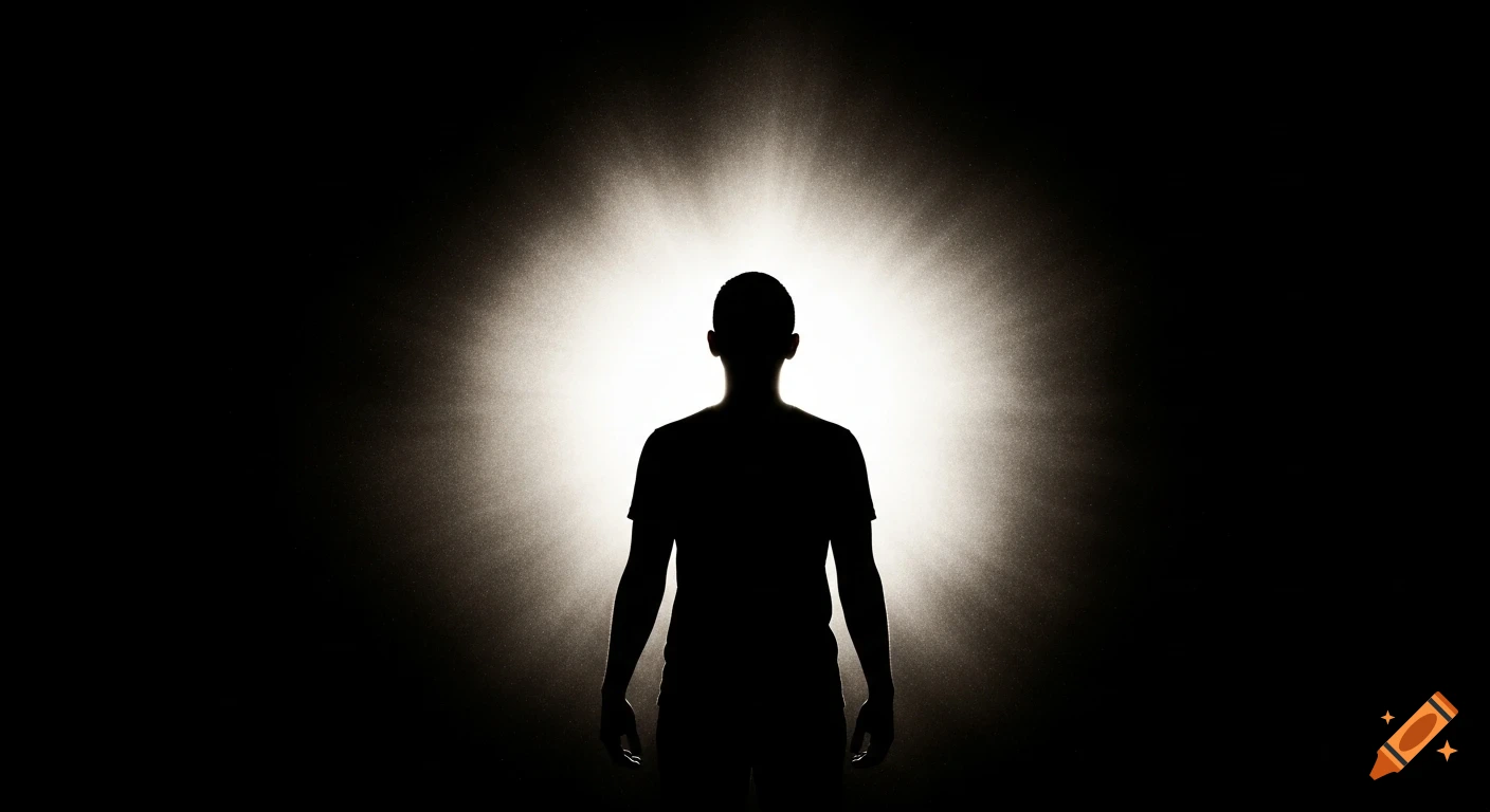 A dramatic, high-contrast silhouette of a person standing against a bright, central light source in a dark room.