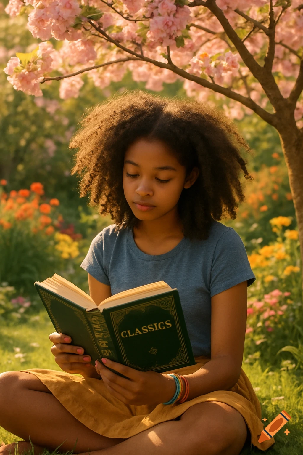 A young Black girl with curly hair reads a book while sitting in a sunny garden under a pink cherry blossom tree.